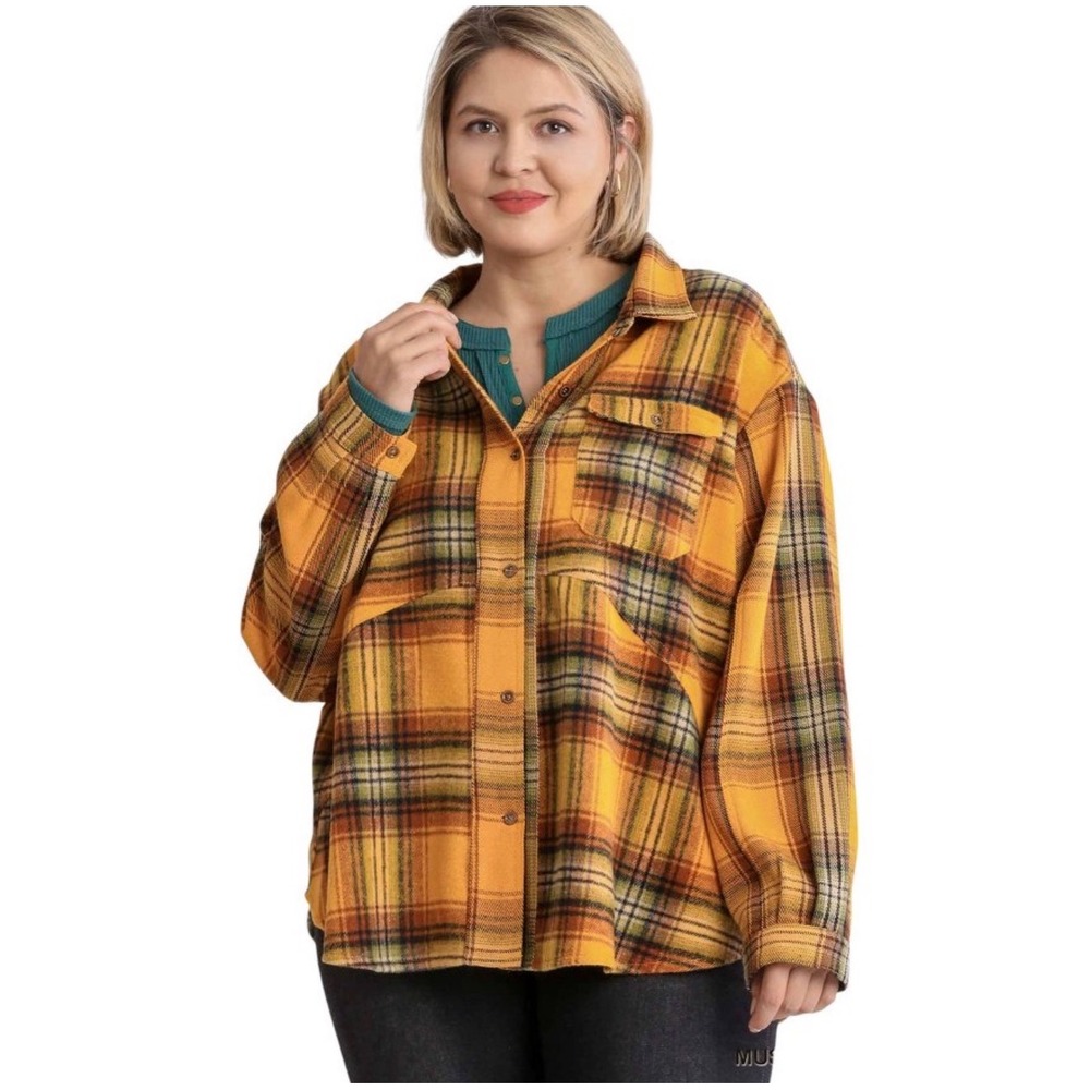 Umgee Plus 2X Mustard Orange Plaid Oversized Shacket Flannel Button Top NWT - Picture 2 of 8